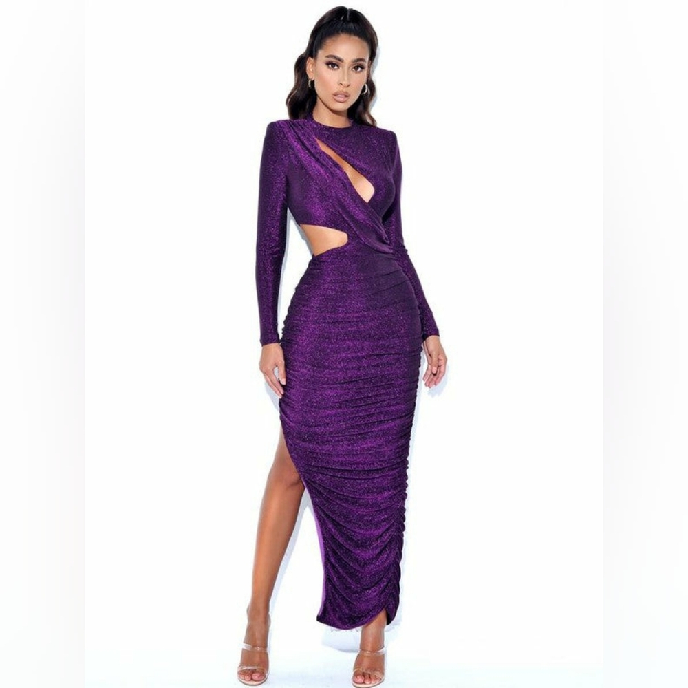 NWT Miss Circle Payson Purple long sleeve metallic jersey cutout dress
